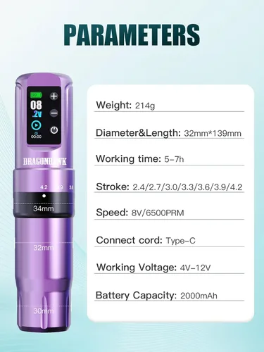 Vista 9 de Dragonhawk Atom2 Pro Tattoo Kit, 7 Stroke Settings, 2000mAh, Purple