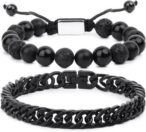 Vista 21 de Pulseras de cuentas negras para hombres y niños: 0.236 in de obsidiana ónix cuentas de lava para hombre conjunto de pulseras para hombre - Genial