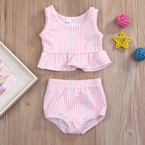 Vista 2 de YOUNGER TREE Traje de baño de verano para niñas pequeñas, sin mangas, traje de baño a rayas, traje de dos piezas, bikini