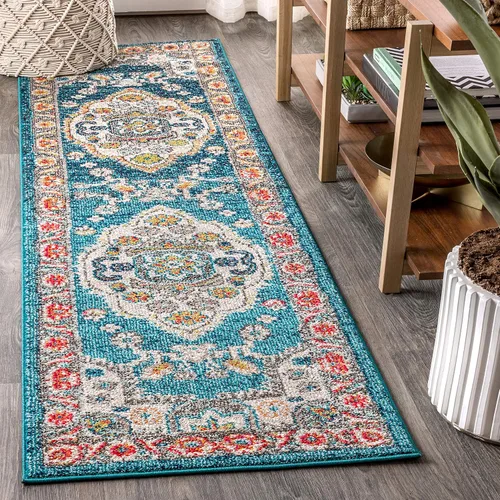 Vista 11 de JONATHAN Y Alfombra bohemia para interiores, color azul y amarillo, 3 x 5, medallón bohemio elegante, floral, fácil de limpiar, alto tráfico