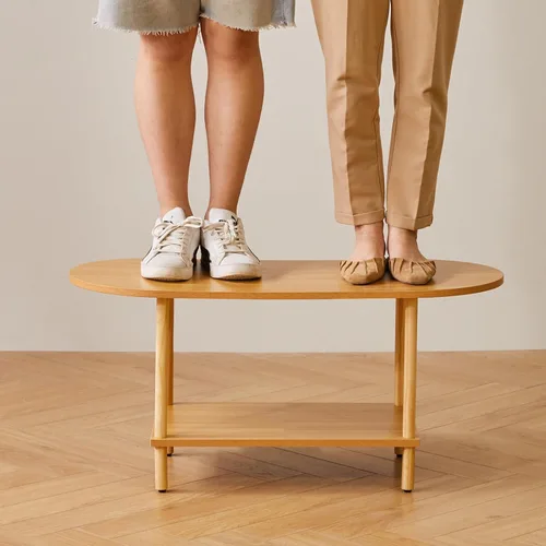Vista 4 de Aibiju Mesa de té de madera pequeña, mesa de centro de 2 niveles para sala de estar, 35 x 16 x 17 pulgadas, soporte de mesa de té con estante