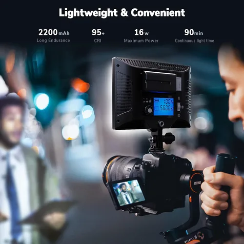 Vista 7 de Luz de cámara, panel de luz de video Dazzne D20 con adaptador de CC y batería recargable a través de USB-C directamente, luz DSLR bicolor