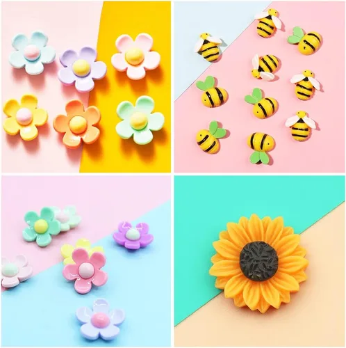 Vista 4 de JKanruh Juego de 100 piezas de pequeñas flores de abejas, diminutos adornos de flores de abejorro de resina para adornos, manualidades temáticas