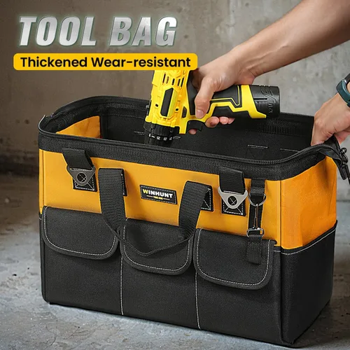 Vista 9 de WINHUNT Bolsa de herramientas premium, 14 bolsillos, 18 pulgadas, negro/amarillo, correa de hombro ajustable