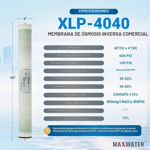 Vista 2 de Max Water XLP-4040 ósmosis inversa 4" x 40" membrana del RO, 2300 GPD XLP 4040 para la purificación del agua Desalinización comercial, agricultura