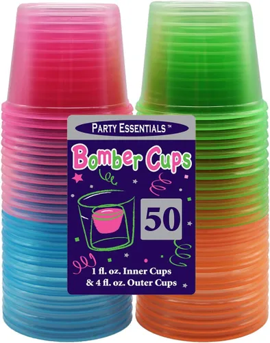 Vista 3 de Party Essentials Copas de bombardero de plástico, vasos Jager Bomb Shot, 4 onzas, neón surtido, 50
