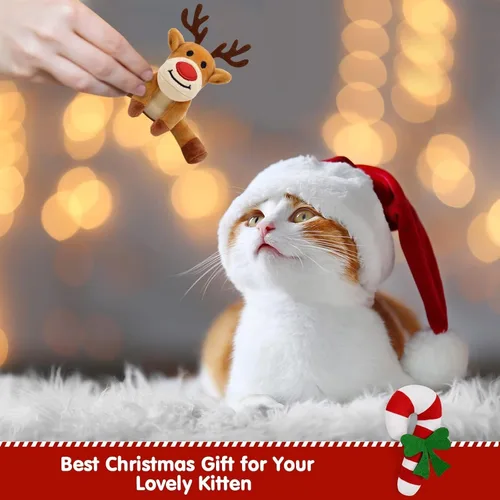 Vista 6 de Vansolinne Juguetes de Navidad con hierba gatera, 6 juguetes interactivos masticables para gatos de interior, juego de juguetes de dentición
