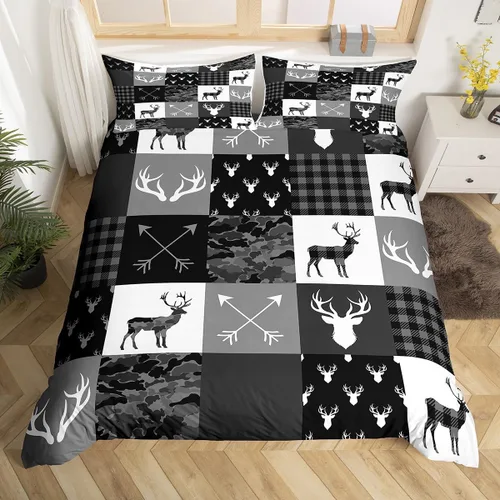 Vista 4 de Manfei Juego de ropa de cama de silueta de ciervo, tamaño individual, funda de edredón con patrón de flechas y cuernos con 1 funda de almohada