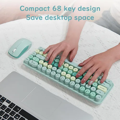 Vista 4 de Combo compacto de teclado y mouse inalámbricos, teclas redondas coloridas, 68 teclas sin sonido, adecuado para niñas y niños, compatible