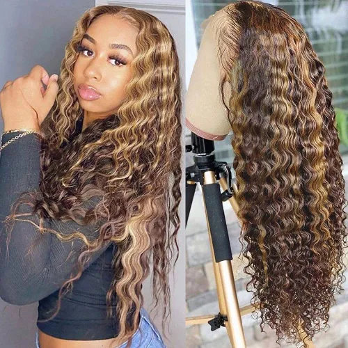 Vista 15 de Pizazz - Pelucas de cabello humano ondulado profundo con encaje frontal de 13 x 4, nudos blanqueados previamente despuntados Pelucas de cabello