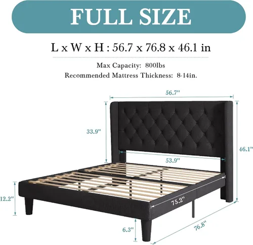 Vista 2 de HOOMIC Base de cama clásica de tamaño matrimonial con cabecera copetuda con botones en la parte trasera, plataforma tapizada con fuerte soporte
