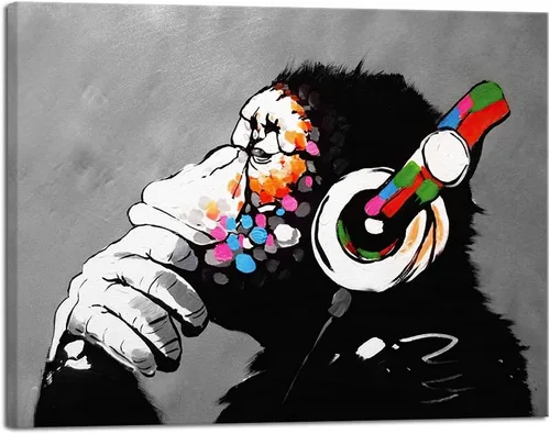 Vista 11 de Wieco Art Marco Negro Mono con Auriculares Banksy Arte de Graffiti Abstracto Pinturas en Lienzo Impresiones Arte de Pared en Lienzo de Animales
