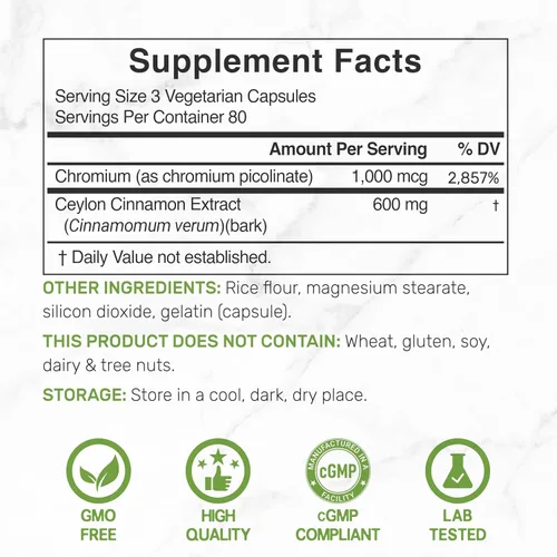 Vista 4 de Canela de Ceilán con Cromo 1000mcg, 240 Cápsulas Extracto de corteza interna activa, verdadera fuente de Sri Lanka Suplementos naturales