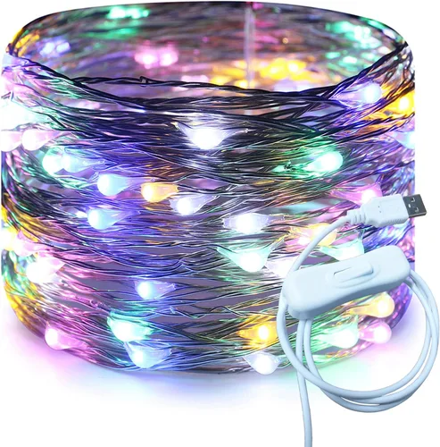 Vista 17 de RUICHEN Cable plateado de 33 pies con 100 luces LED USB con interruptor de encendido/apagado (blanco cálido)