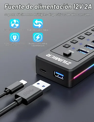 Vista 6 de Hub USB alimentado, divisor USB de 10 puertos con tira LED RGB