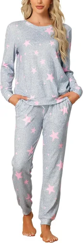 Vista 8 de cheibear Conjunto de pijama de manga larga para mujer, sudadera Kint con estampado de estrellas, ropa de dormir de 2 piezas Negro