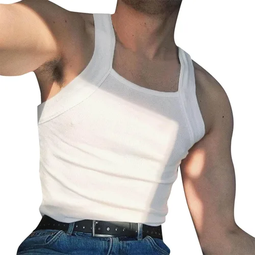 Vista 15 de Generic Camiseta sin mangas acanalada para hombre, corte cuadrado, camiseta sin mangas ajustada, ropa interior de verano, a la moda