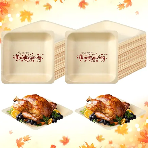 Vista 8 de Yaomiao 50 platos desechables de madera de otoño de 7 x 7 pulgadas, con estampado de Gobble Til You Wobble, platos cuadrados desechables de madera