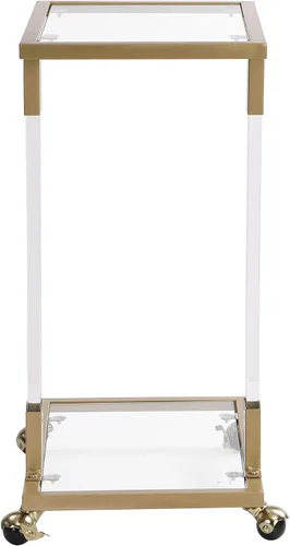 Vista 6 de Mesa auxiliar dorada para sofá con forma de C, mesa de centro de acrílico móvil con ruedas pequeñas de cristal con estantes de 2 niveles