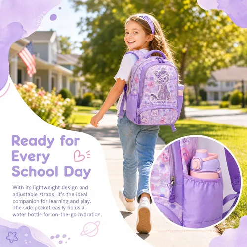 Vista 2 de Mochila de escuela primaria para niñas con lonchera, mochila de regreso a clases 01-lentejuela Púrpura