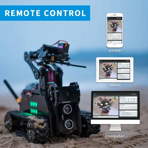 Vista 2 de Kit de modelo de robot DIY para Raspberry Pi 4/3 Modelo B+/B WiFi Wireless Smart Robot Car Kit con brazo robótico 4-DOF/seguimiento