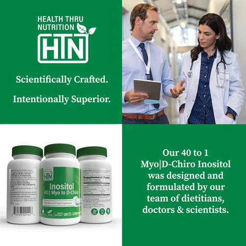 Vista 5 de Health Thru Nutrition Suplemento de inositol 40:1 mio-inositol a D-quiro-inositol relación 2050mg por porción 120 cápsulas Certificado vegano