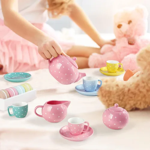 Vista 5 de fanquare Juego de té de porcelana para niñas y adultos, juego de té colorido de 12 piezas con caja de regalo para fiestas de té en casa y cumpleaños