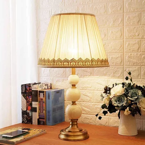 Vista 4 de Lámpara de noche de 25.6 pulgadas con base de metal y pantalla de seda, lámpara de escritorio de mármol para sala de estar y dormitorio, fácil