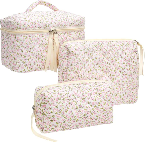 Vista 7 de PAZIMIIK - Bolsa de maquillaje de algodón para mujer, grande, acolchada para viaje, Rosa (Bow Pink), Vintage