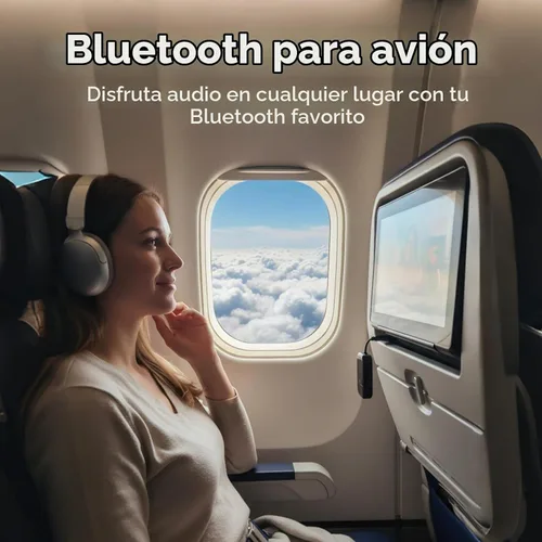 Vista 3 de Transmisor de audio Bluetooth 5.3 para avión con Qualcomm aptX adaptativo, pantalla LCD, soporte de dispositivo doble, batería de 30 horas, AUX