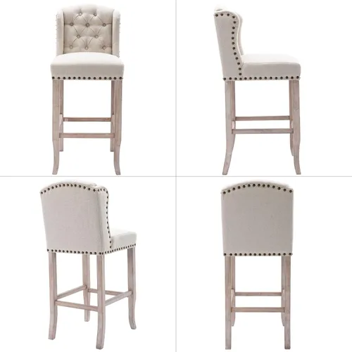 Vista 3 de Juego de 2 taburetes de bar clásicos de lino de 30 pulgadas, sillas de bar altas con respaldo copetudo con botones con patas de madera maciza Beige