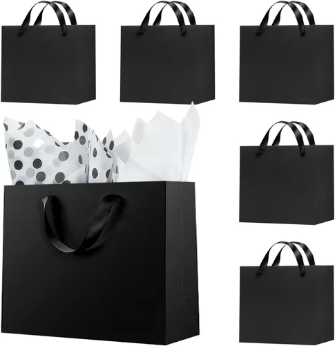 Vista 12 de Offizon 12 bolsas de regalo negras, bolsas de regalo con papel de seda