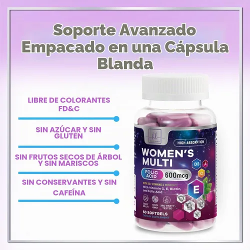 Vista 7 de Multivitamínico para mujer – Multivitaminas diarias completas para mujer con biotina, calcio, ácido fólico, hierro, zinc, vitamina A, C, D, E y B