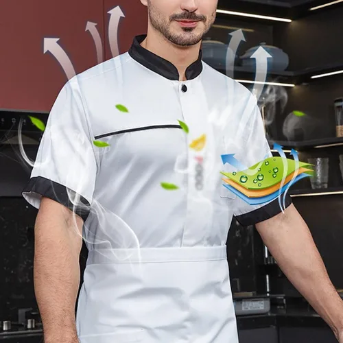 Vista 2 de Abrigo de chef con botones para hombre, manga cortalarga, chaqueta de chef unisex ligera
