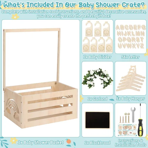 Vista 2 de Jupwalz Armario de madera para baby shower con perchas, letras, divisores, cesta de fácil montaje para niños recién nacidos, regalos de embarazo