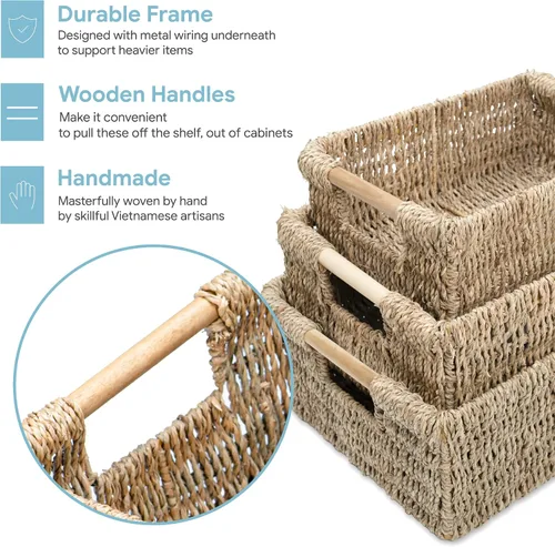 Vista 4 de VATIMA Cestas de hierba marina con asas de madera, juego de 3 cestas decorativas de mimbre natural para cocina
