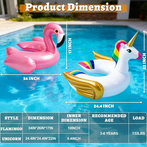 Vista 2 de Paquete de 2 flotadores de piscina para niños, flotadores de natación de unicornio y flamenco, flotadores de piscina para niños, flotadores