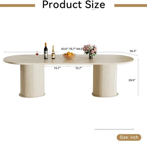 Vista 2 de SSLine Mesa de comedor extensible ovalada para 4 a 10 personas, mesa de cocina expandible de 63 a 94 pulgadas de largo con base de almacenamiento