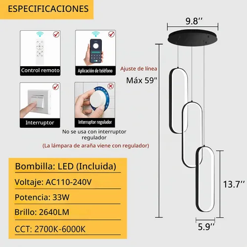 Vista 2 de Lámpara de Araña de Anillo Moderna LED Regulable Luz de Techo para Isla de Cocina Sala de Estar Escaleras Comedor Negro
