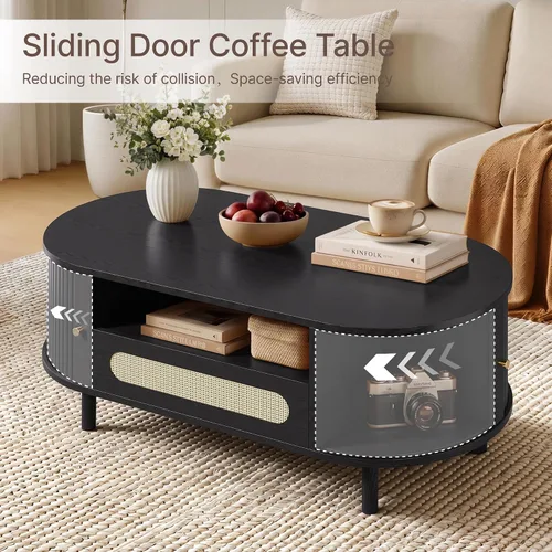 Vista 3 de KISLOT Mesa auxiliar ovalada con cajón, mesa central acanalada de 47.2 pulgadas para sala de estar, mesas de centro modernas con puerta corredera