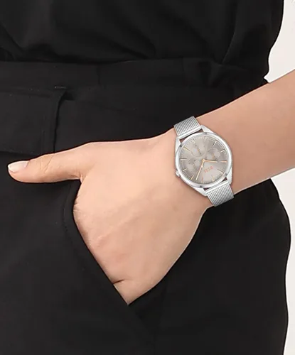 Vista 4 de BOSS Reloj de cuarzo Saya para mujer con correa de acero inoxidable, plata, 16 (Modelo 1502638), plateado, Reloj de cuarzo