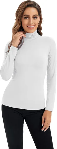 Vista 2 de HoneyEcho Camiseta de manga larga con cuello alto para mujer, suave, elástica, capa base ajustada.