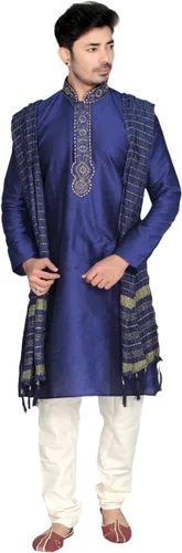 Vista 7 de MKP9007 - Pijama Kurta para hombre azul y marfil, traje indio de Bollywood Sherwani, Azul Patchwork