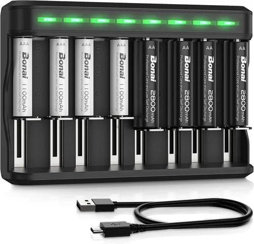 Vista 8 de BONAI Juego de cargador de baterías recargables AA AAA, paquete de 4 baterías AA de 2800 mAh y 4 unidades de 1100 mAh AAA NiMH con cargador