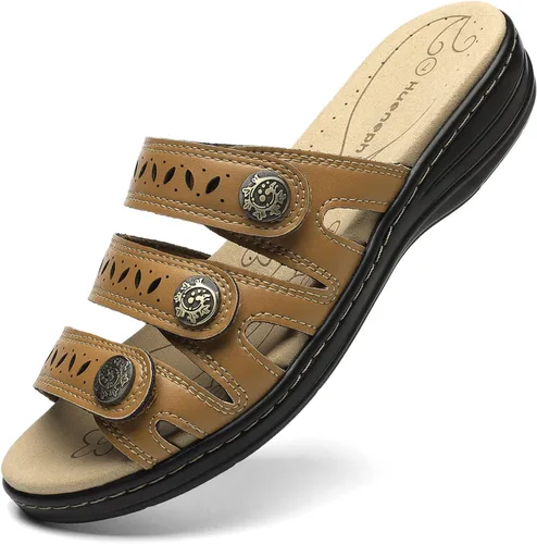 Vista 20 de Sandalias de cuero cómodas para mujer, ligeras, planas, bonitas, sin cordones, informales, para caminar Beige