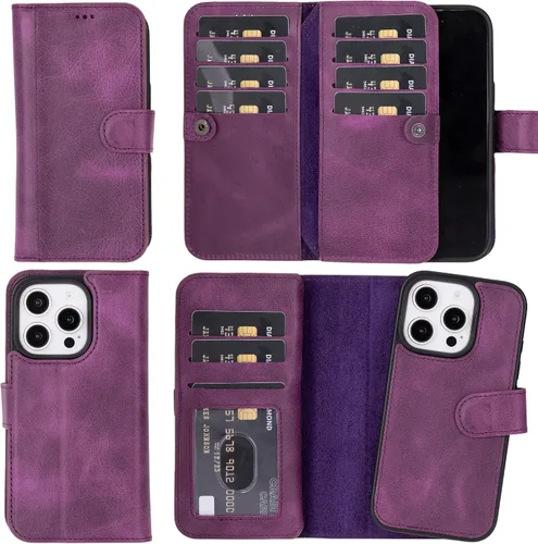 Vista 39 de HARDISTON Funda de piel auténtica de alta calidad hecha a mano para iPhone 7/8 / SE doble folio tarjetero - Funda magnética desmontable - Soporte