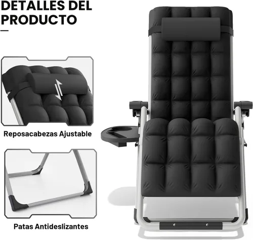 Vista 13 de MoNiBloom Silla reforzada de gravedad cero, tumbona plegable para piscina y playa, tumbona de bronceado portátil con cojín, reposacabezas y bandeja