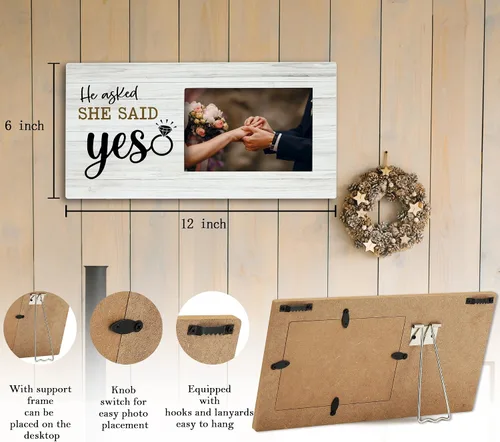 Vista 6 de SRADMO Marco de fotos con texto en inglés «He Asked and She Said Yes», regalos románticos, marco de fotos de madera de 12 x 6 pulgadas para parejas