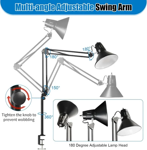 Vista 2 de Lámpara de escritorio con abrazadera LED, lámpara de escritorio con brazo oscilante ajustable de 360°, luz de abrazadera con bombilla LED que cuida