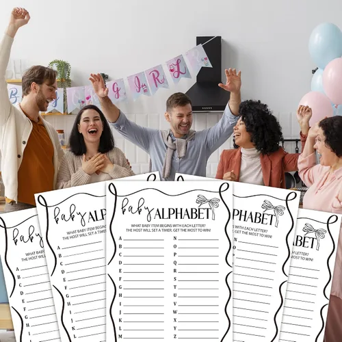 Vista 5 de Juegos del alfabeto del bebé, tarjetas divertidas de juegos de baby shower, 25 tarjetas de género neutro, kit de suministros para fiesta